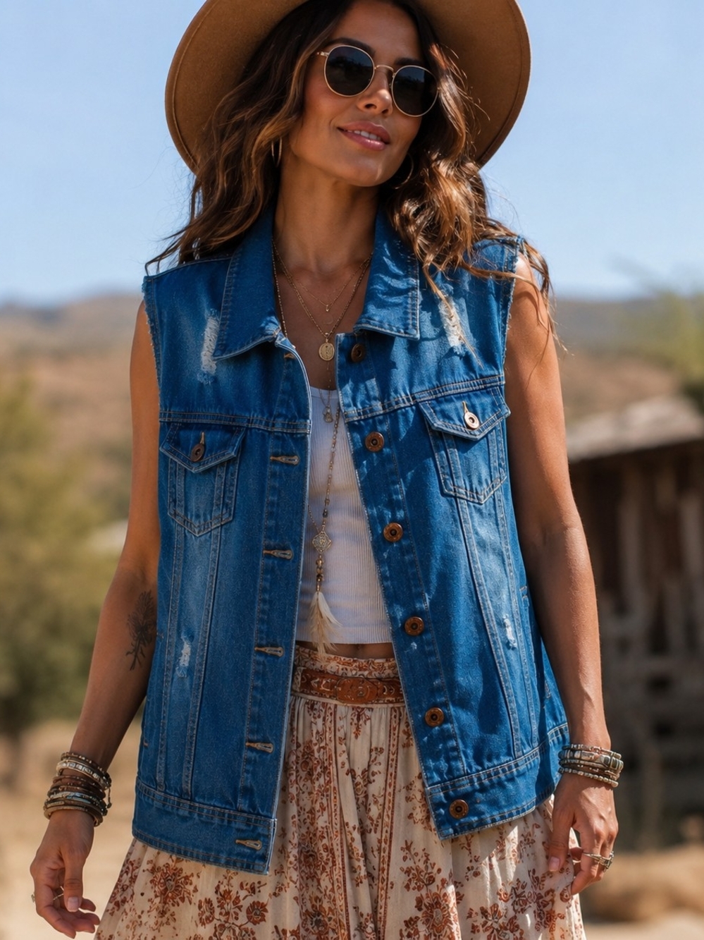 Washed Blue Denim Sleeveless Vest - Women’s Casual Jean Vest